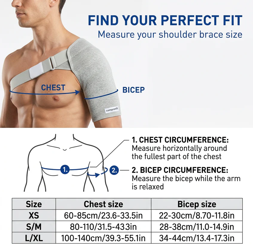 Shoulder brace size chart with chest and bicep measurements